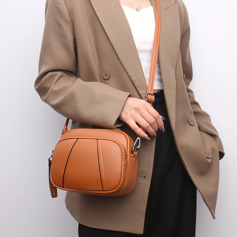 Solid Color Fashionable Rivet Zipper Women's Mobile Phone Bag Simple Soft Leather Shoulder Crossbody Small Square Bag Handbag