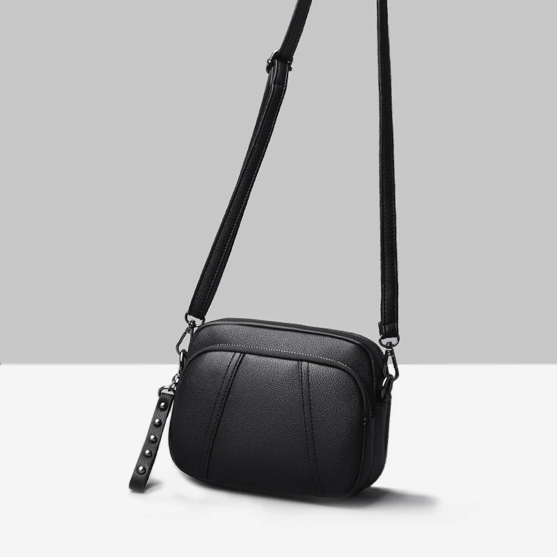 Solid Color Fashionable Rivet Zipper Women's Mobile Phone Bag Simple Soft Leather Shoulder Crossbody Small Square Bag Handbag
