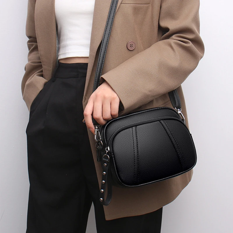 Solid Color Fashionable Rivet Zipper Women's Mobile Phone Bag Simple Soft Leather Shoulder Crossbody Small Square Bag Handbag