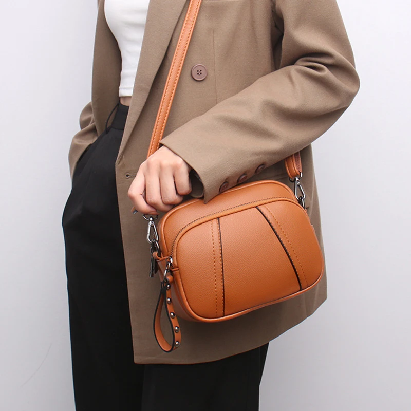 Solid Color Fashionable Rivet Zipper Women's Mobile Phone Bag Simple Soft Leather Shoulder Crossbody Small Square Bag Handbag