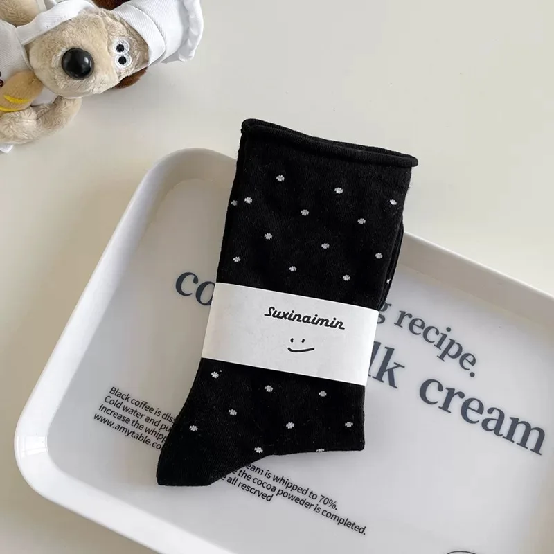 5 Pairs Polka Dot Socks, Cute College Style Rolled Edge Mid Tube Socks, Women's Stockings & Hosiery