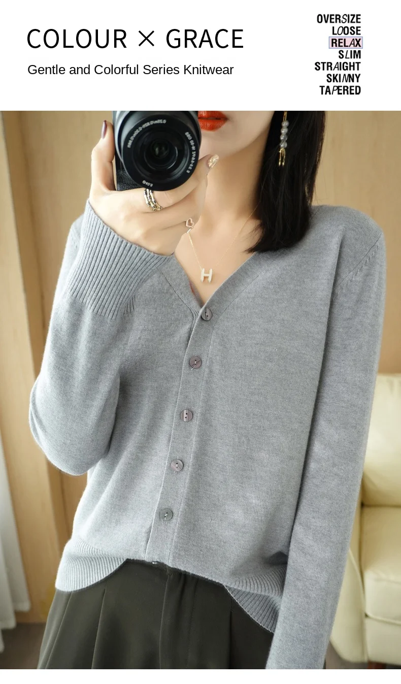 Early Autumn New Andy Cashmere Knit Cardigan V-Neck Solid Color Fashion High-Grade Comfortable Loose Casual Knitwear -GH021