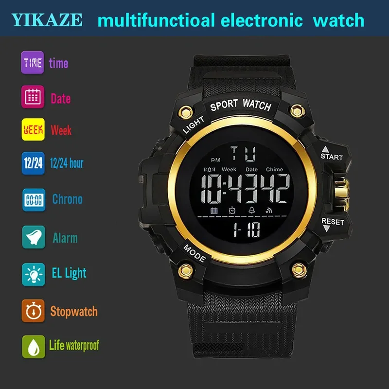 YIKAZE Sports Watch for men Black Dial Military Digital Watch Luminous Date Chronograph Alarm Clock Student Kids Man Wristwatch