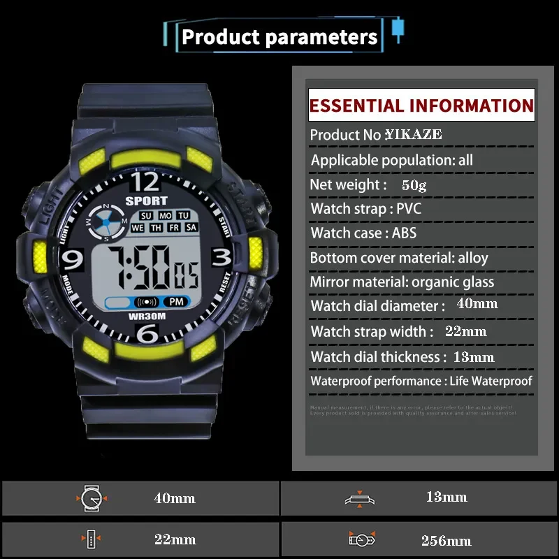 YIKAZE Sports Watch for men Black Dial Military Digital Watch Luminous Date Chronograph Alarm Clock Student Kids Man Wristwatch