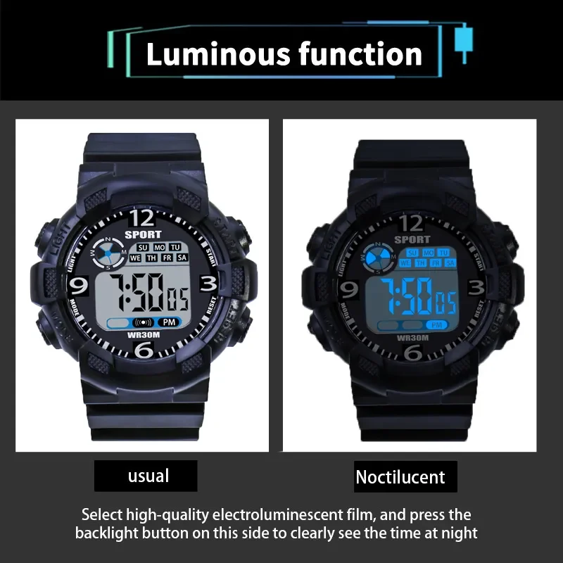 YIKAZE Sports Watch for men Black Dial Military Digital Watch Luminous Date Chronograph Alarm Clock Student Kids Man Wristwatch