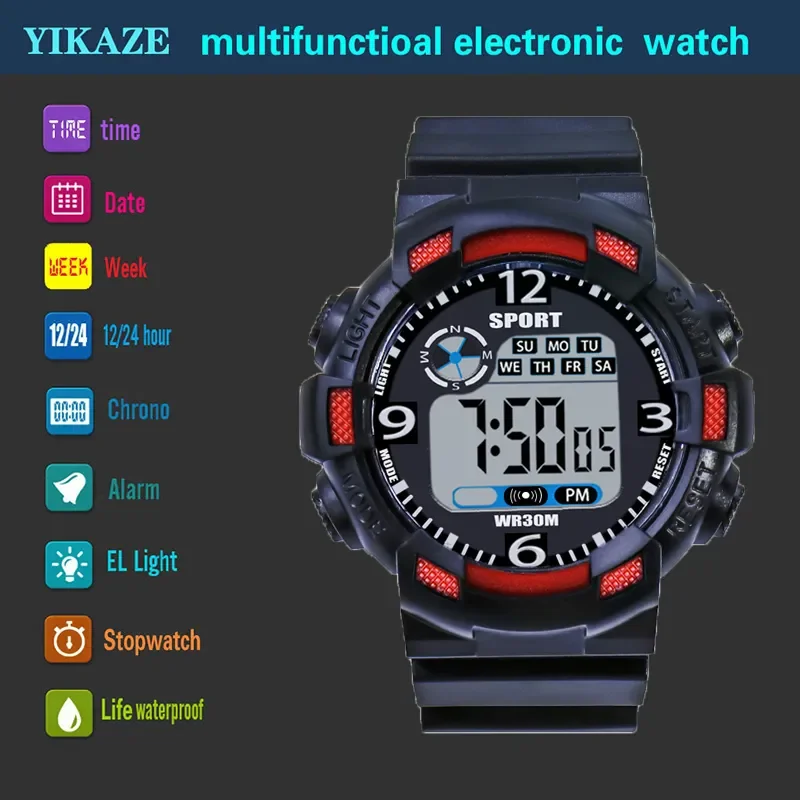 YIKAZE Sports Watch for men Black Dial Military Digital Watch Luminous Date Chronograph Alarm Clock Student Kids Man Wristwatch