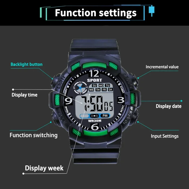 YIKAZE Sports Watch for men Black Dial Military Digital Watch Luminous Date Chronograph Alarm Clock Student Kids Man Wristwatch