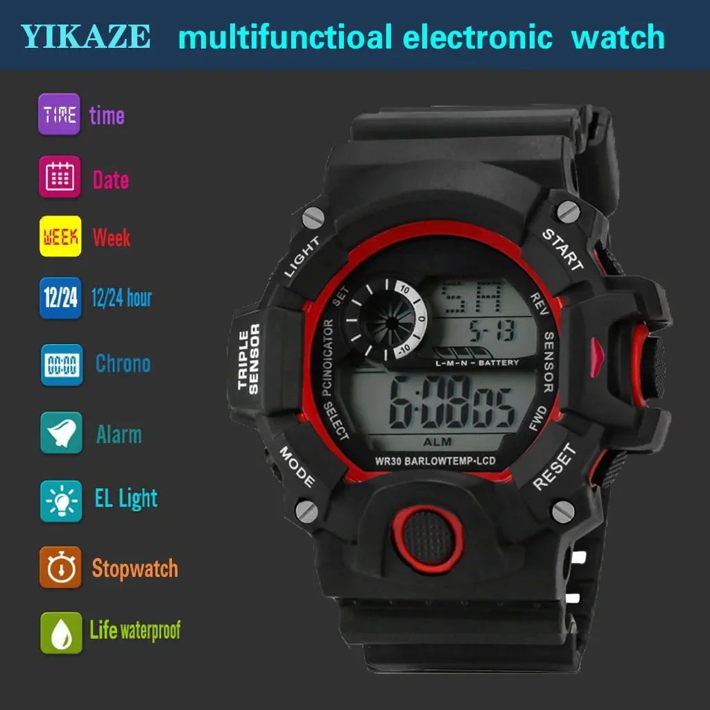 YIKAZE Sports Watch for men Black Dial Military Digital Watch Luminous Date Chronograph Alarm Clock Student Kids Man Wristwatch