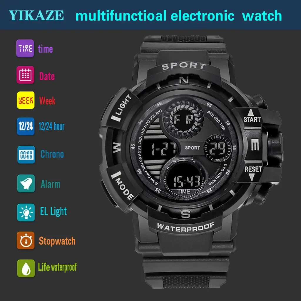 YIKAZE Sports Watch for men Black Dial Military Digital Watch Luminous Date Chronograph Alarm Clock Student Kids Man Wristwatch