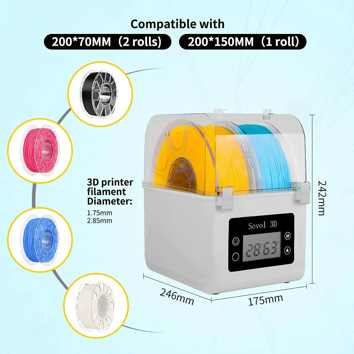 Sovol 2 Rolls Filament Dehydrator Spool Holder Filaments Dry Box for 1.75mm, 2.85mm ABS PLA PETG TPU FDM Material 3D Printer