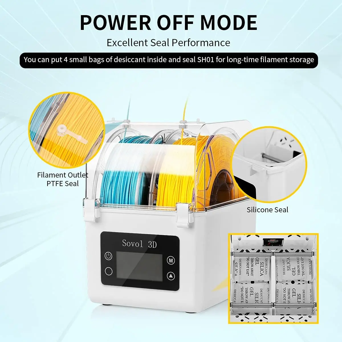 Sovol 2 Rolls Filament Dehydrator Spool Holder Filaments Dry Box for 1.75mm, 2.85mm ABS PLA PETG TPU FDM Material 3D Printer