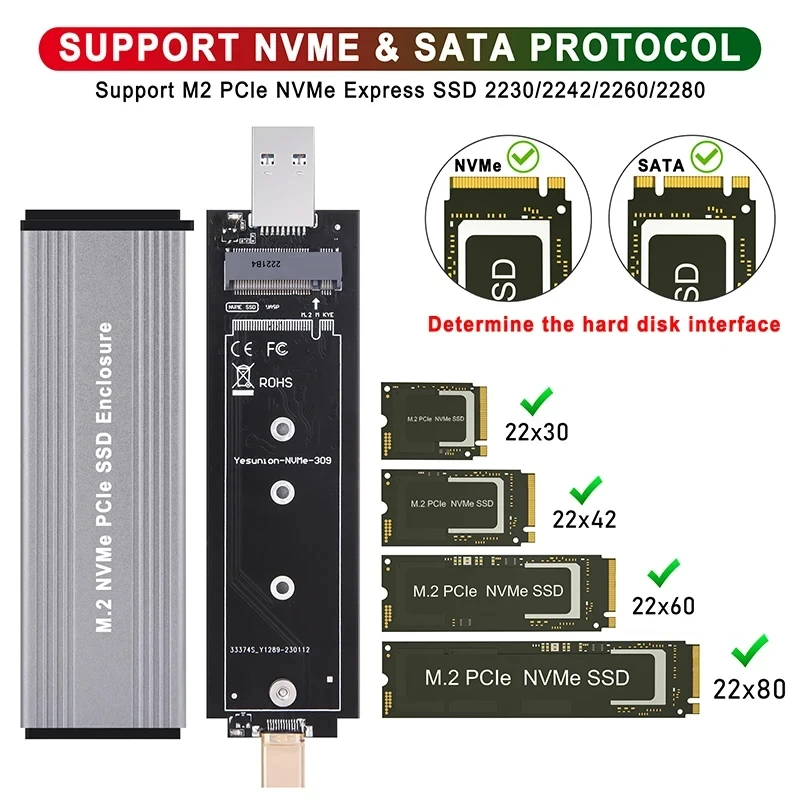 M.2 NVME NGFF SATA Dual Protocols Enclosure M2 SSD Case USB 3.2 Type C SSD Adapter 10Gbps To NVMe SATA External Hard Disk Box