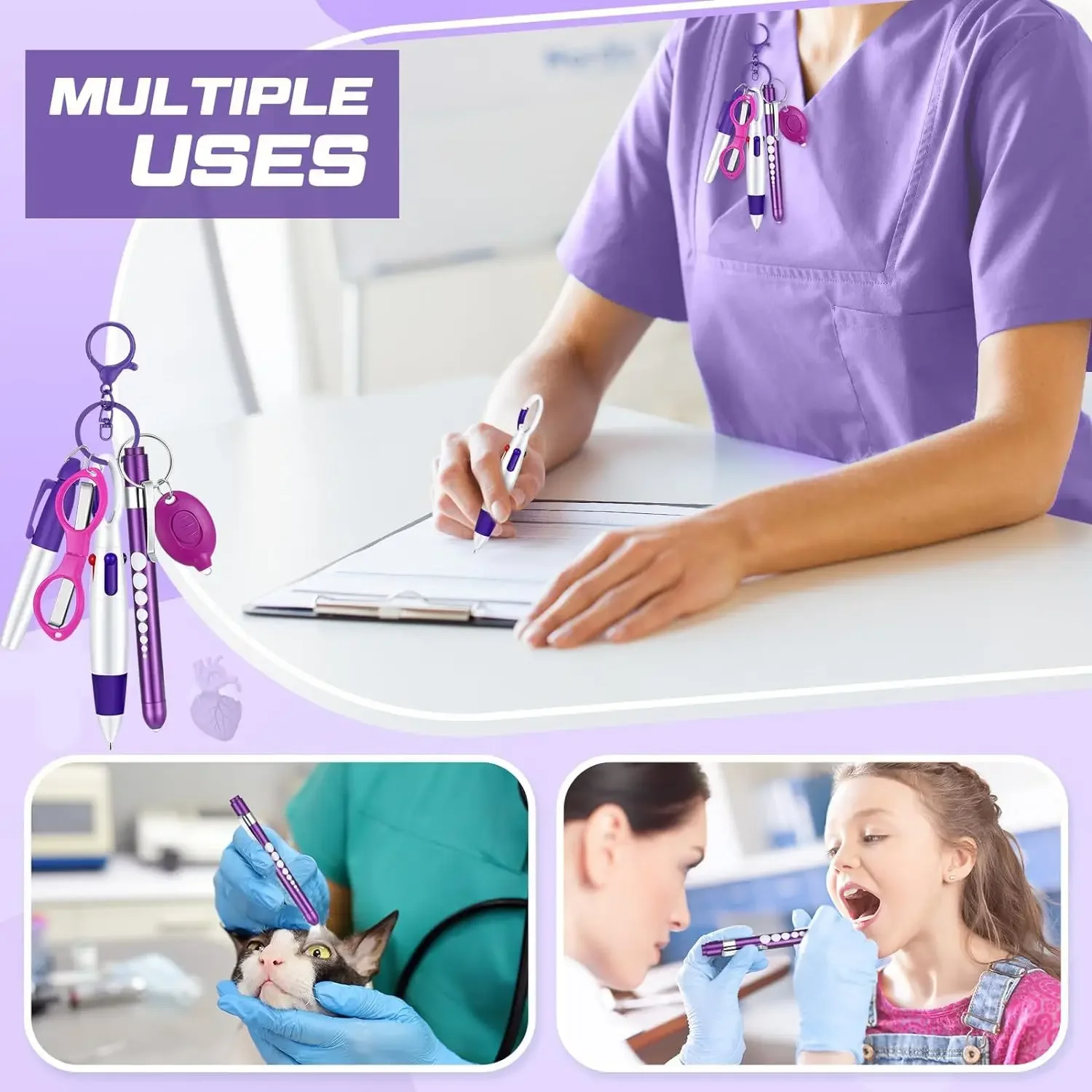 6in1 Multifunction Retractable Ball Pen Set Flashlight Foldable Scissors Ballpoint Pen Keychain Nurse Pens Permanent Marker