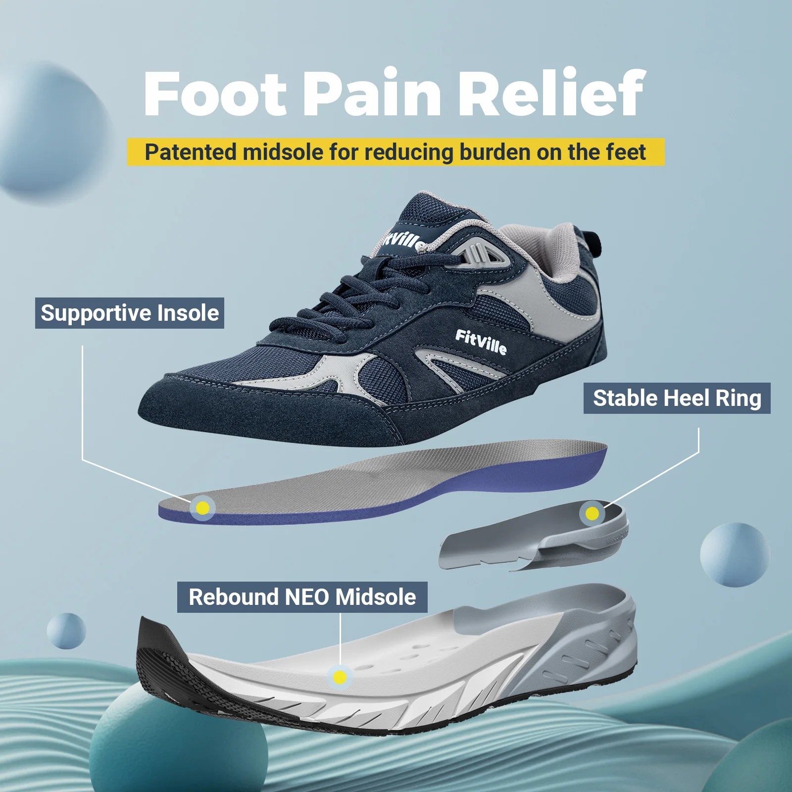 FitVille Newest Walking Shoes for Men Wide Width Sneakers with Arch Support for Flat Feet Heel Pain Relief Plantar Fasciitis