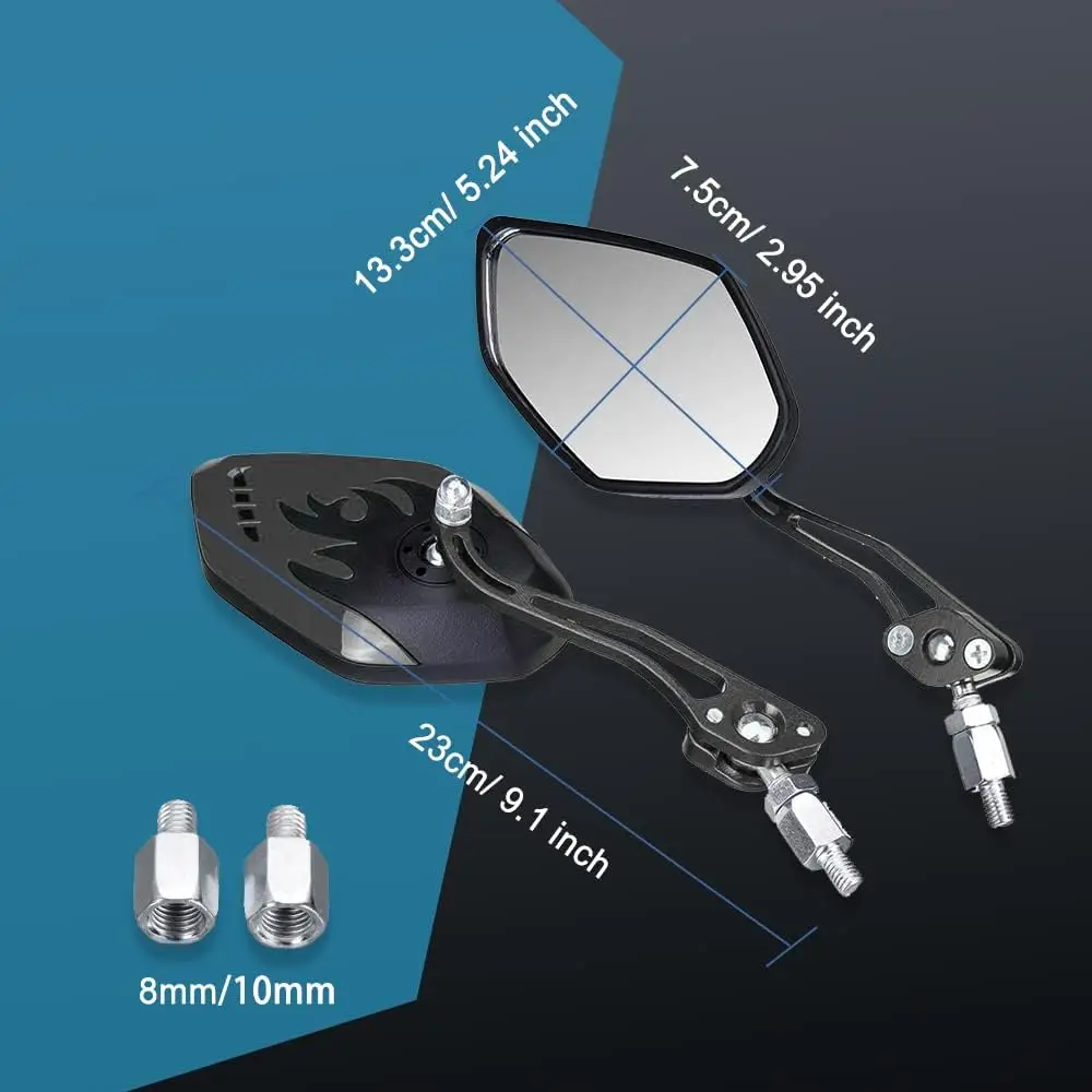 1Pair Universal Motocycle Rear View Adjustable Side Mirrors for Handlebars Aluminum Flame Pattern with 8mm/10mm Screws