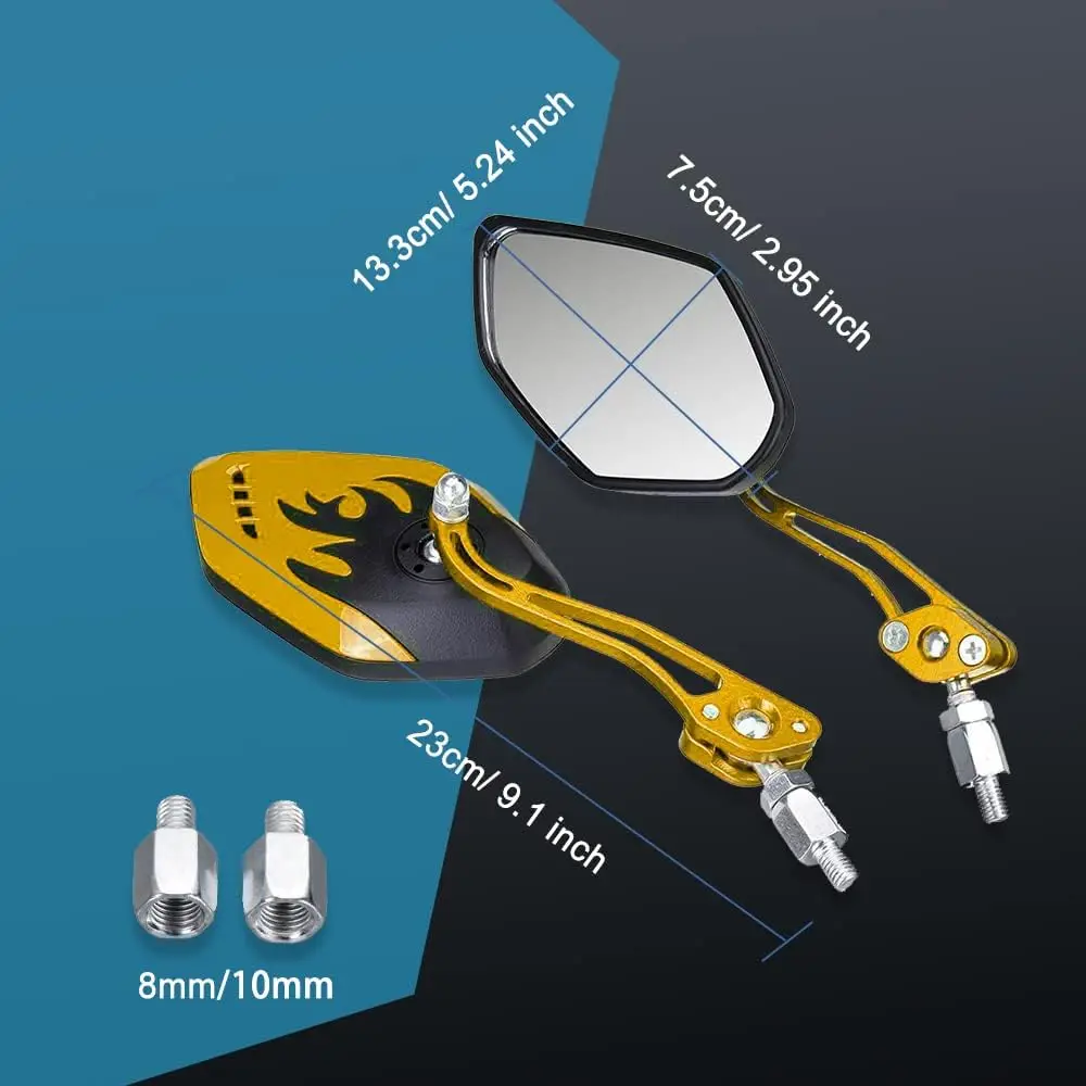 1Pair Universal Motocycle Rear View Adjustable Side Mirrors for Handlebars Aluminum Flame Pattern with 8mm/10mm Screws