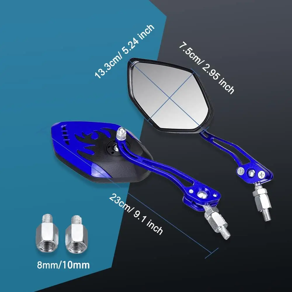 1Pair Universal Motocycle Rear View Adjustable Side Mirrors for Handlebars Aluminum Flame Pattern with 8mm/10mm Screws