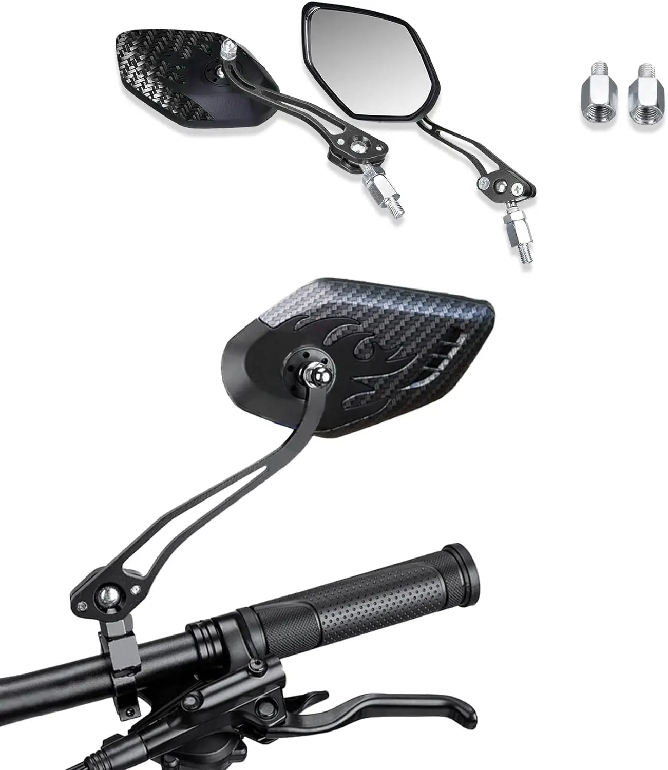 1Pair Universal Motocycle Rear View Adjustable Side Mirrors for Handlebars Aluminum Flame Pattern with 8mm/10mm Screws