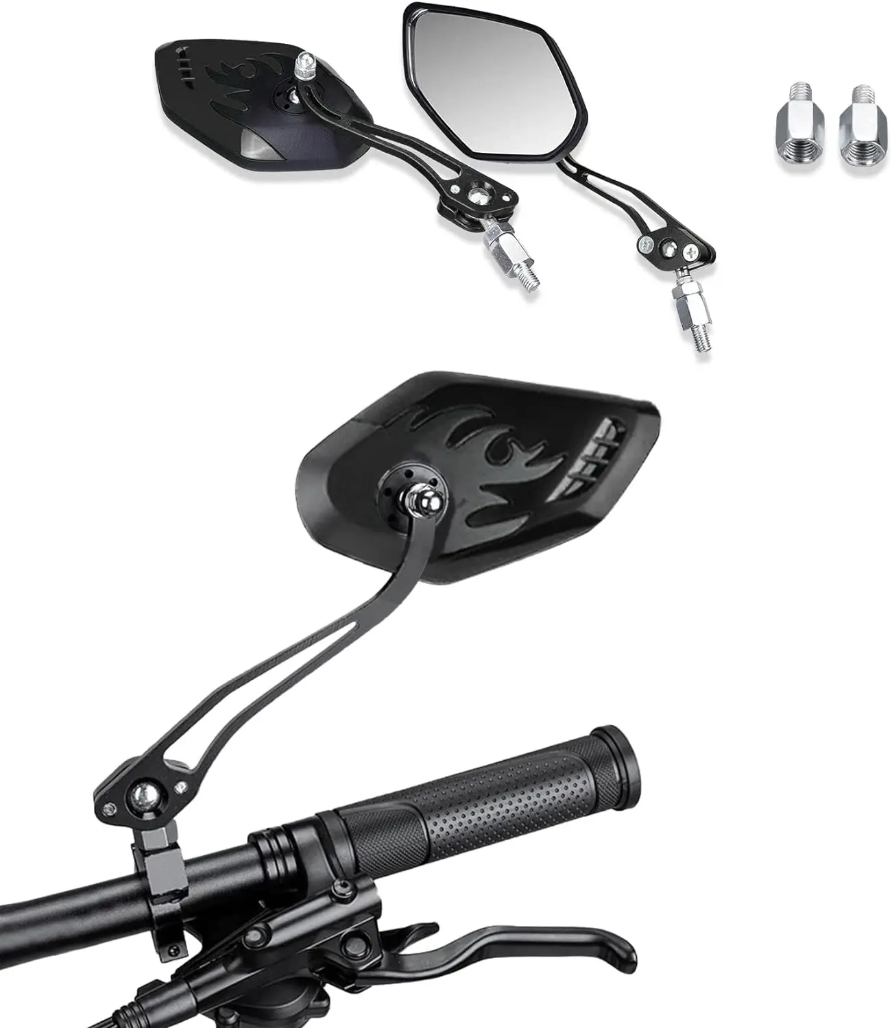 1Pair Universal Motocycle Rear View Adjustable Side Mirrors for Handlebars Aluminum Flame Pattern with 8mm/10mm Screws