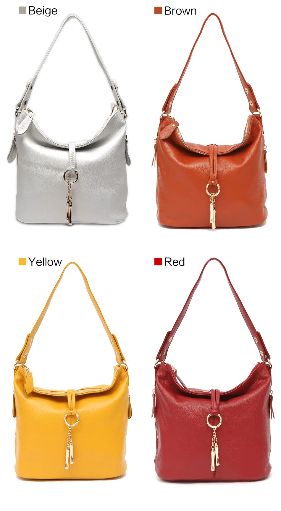Zency Elegant Women Red Leather Handbag 100% Genuine Leather Lady Hobo Bag Charming Ring Medium Shoulder Bag Bright Yellow Bags