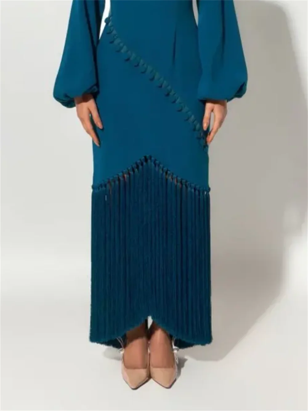 Customized Exquisite Jersey Button Tassel Pleat Straight High Collar Midi Dresses Prom Dresses Modern Style Simple Formal High Q