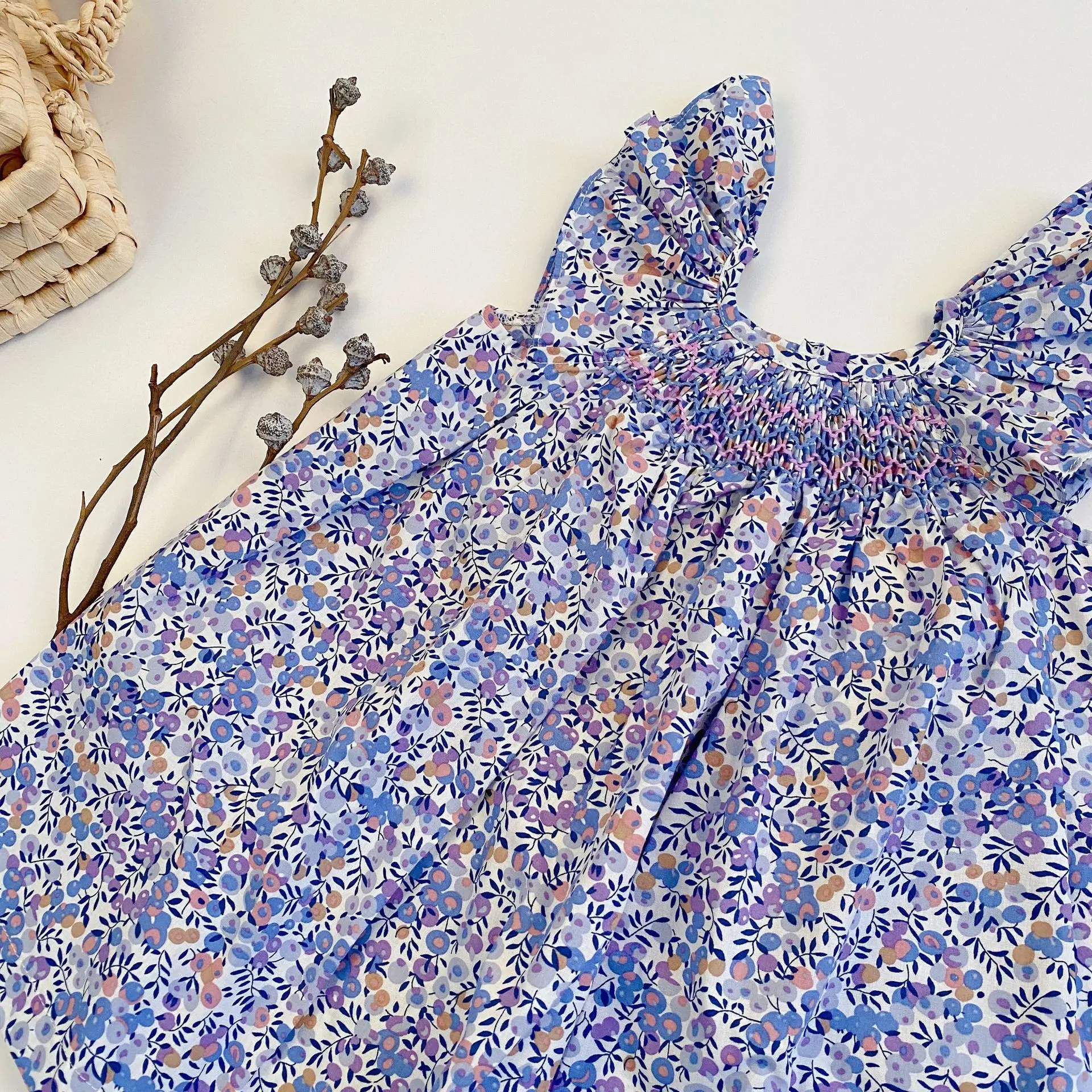 Summer Floral Smocked Vest Dress for Girls Vestidos European Style Baby Dresses Soft Breathable Cotton Children Beach Dress