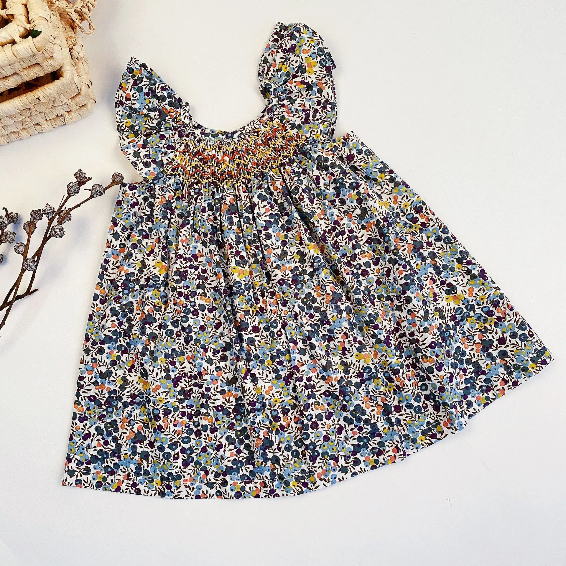 Summer Floral Smocked Vest Dress for Girls Vestidos European Style Baby Dresses Soft Breathable Cotton Children Beach Dress