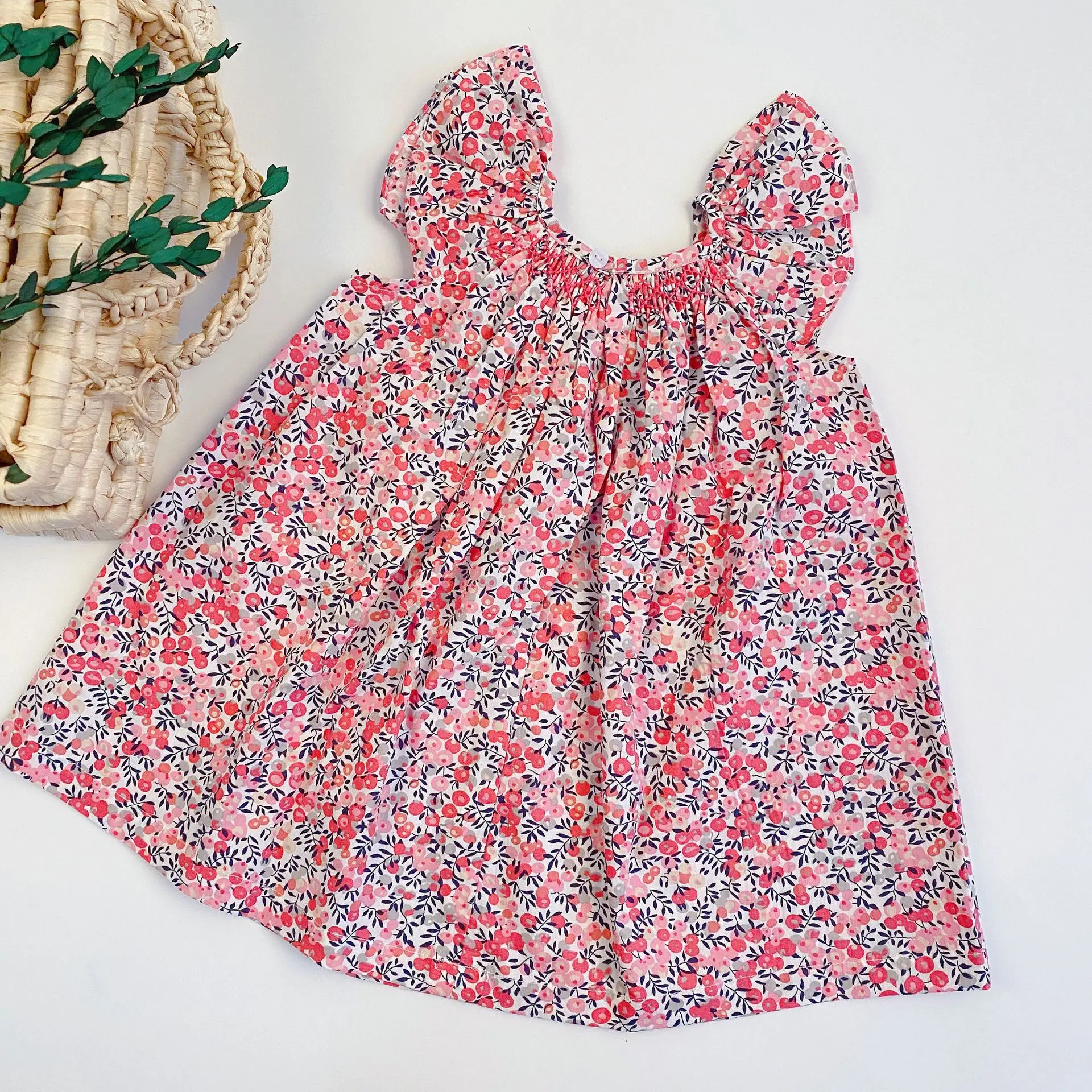Summer Floral Smocked Vest Dress for Girls Vestidos European Style Baby Dresses Soft Breathable Cotton Children Beach Dress