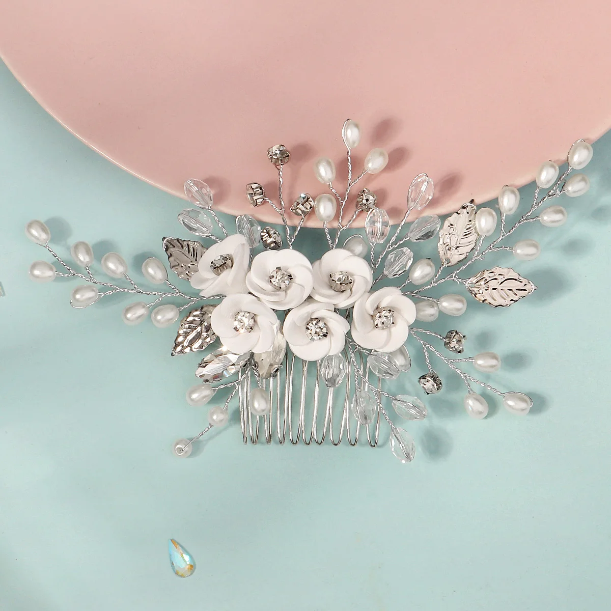 White Soft Ceramic Flower Women's Hair Comb Pearl Rhinestone Daily Hair Clip Wedding Party Bridal Jewelry Headdress