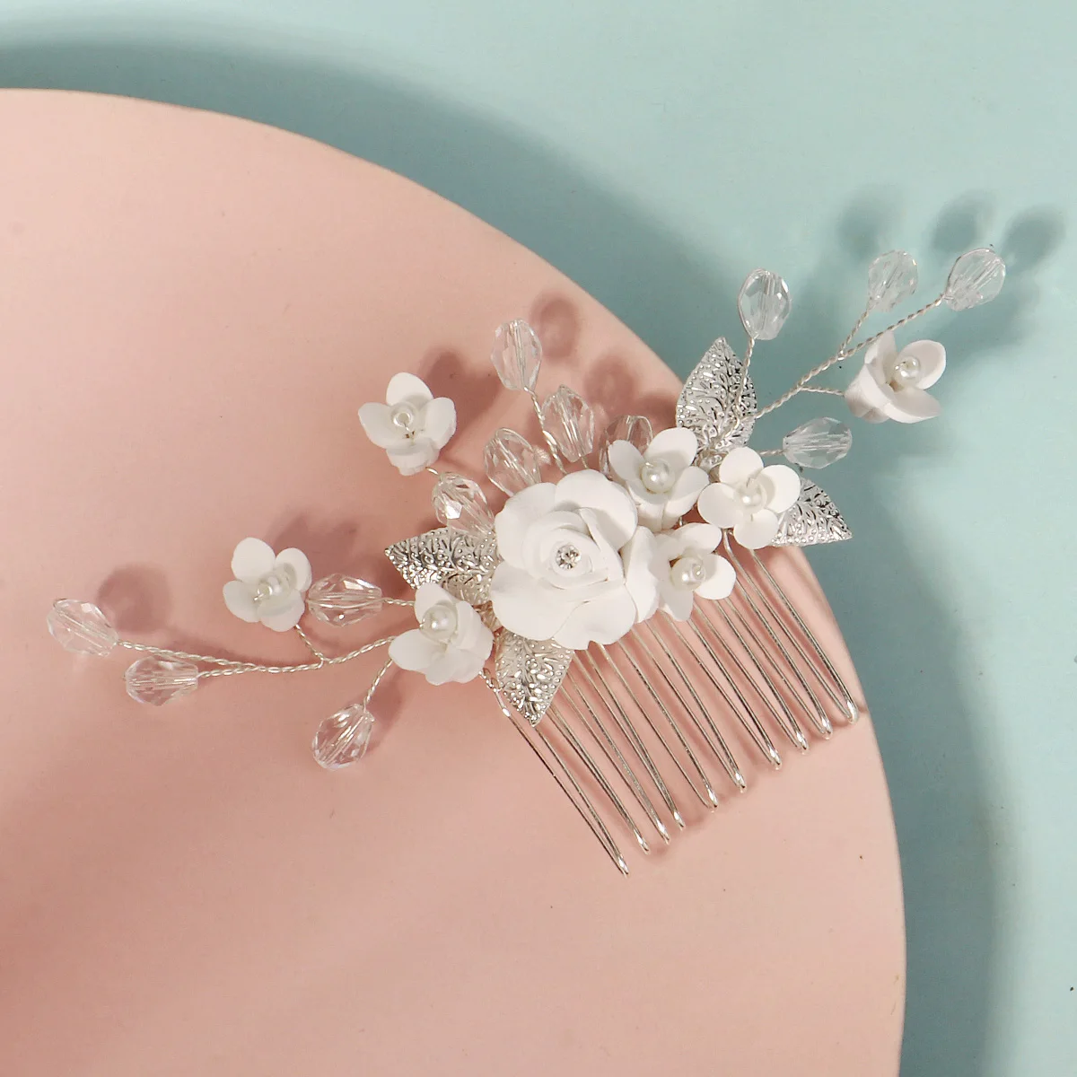 White Soft Ceramic Flower Women's Hair Comb Pearl Rhinestone Daily Hair Clip Wedding Party Bridal Jewelry Headdress