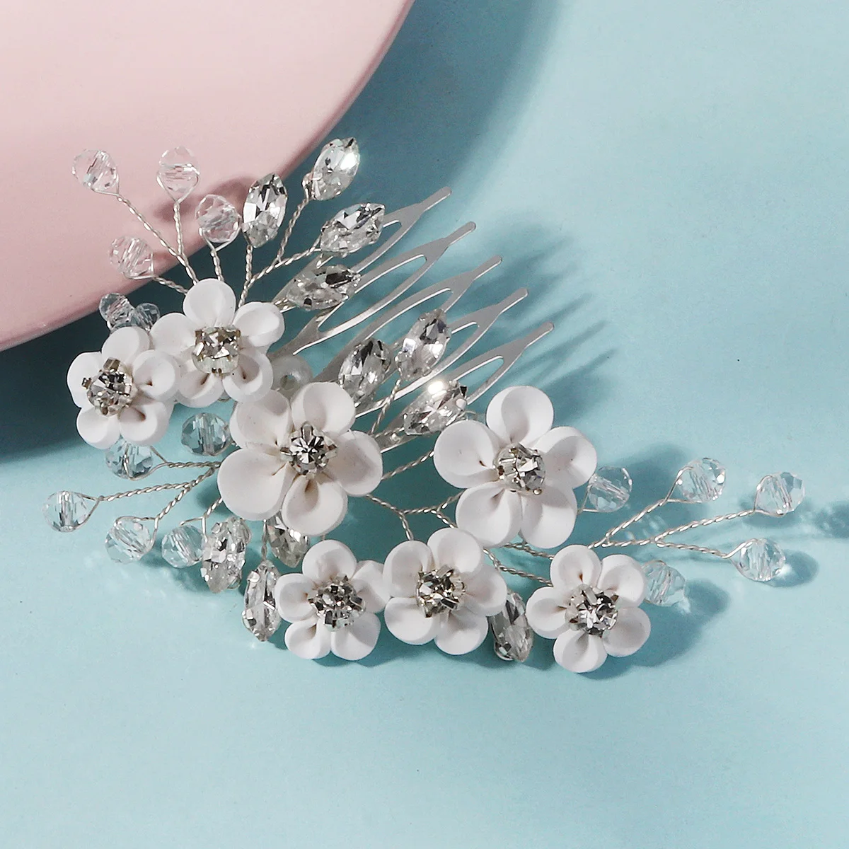 White Soft Ceramic Flower Women's Hair Comb Pearl Rhinestone Daily Hair Clip Wedding Party Bridal Jewelry Headdress