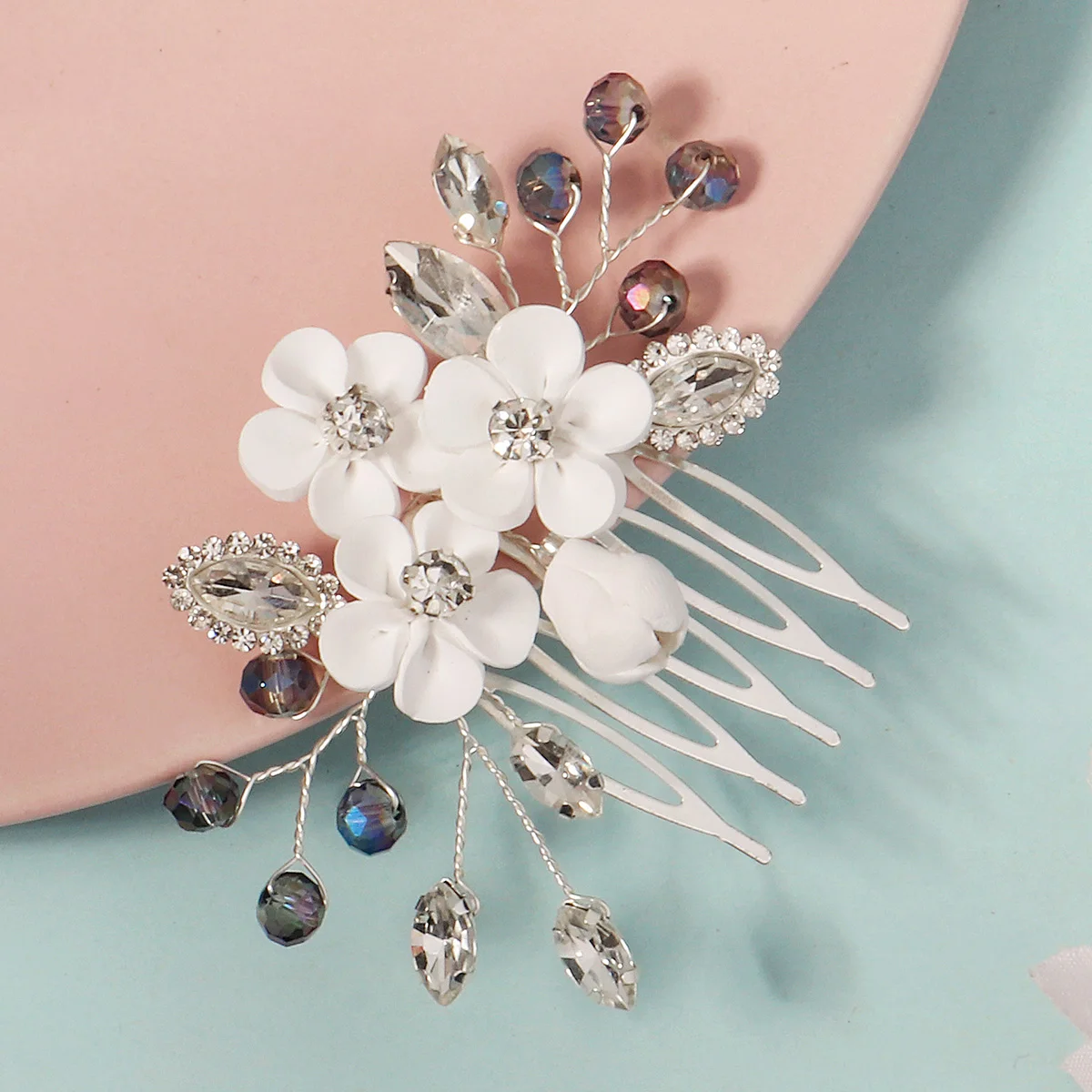 White Soft Ceramic Flower Women's Hair Comb Pearl Rhinestone Daily Hair Clip Wedding Party Bridal Jewelry Headdress