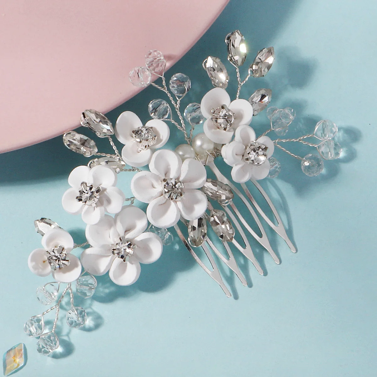 White Soft Ceramic Flower Women's Hair Comb Pearl Rhinestone Daily Hair Clip Wedding Party Bridal Jewelry Headdress