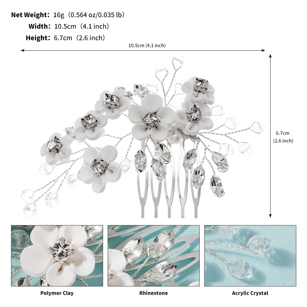 White Soft Ceramic Flower Women's Hair Comb Pearl Rhinestone Daily Hair Clip Wedding Party Bridal Jewelry Headdress