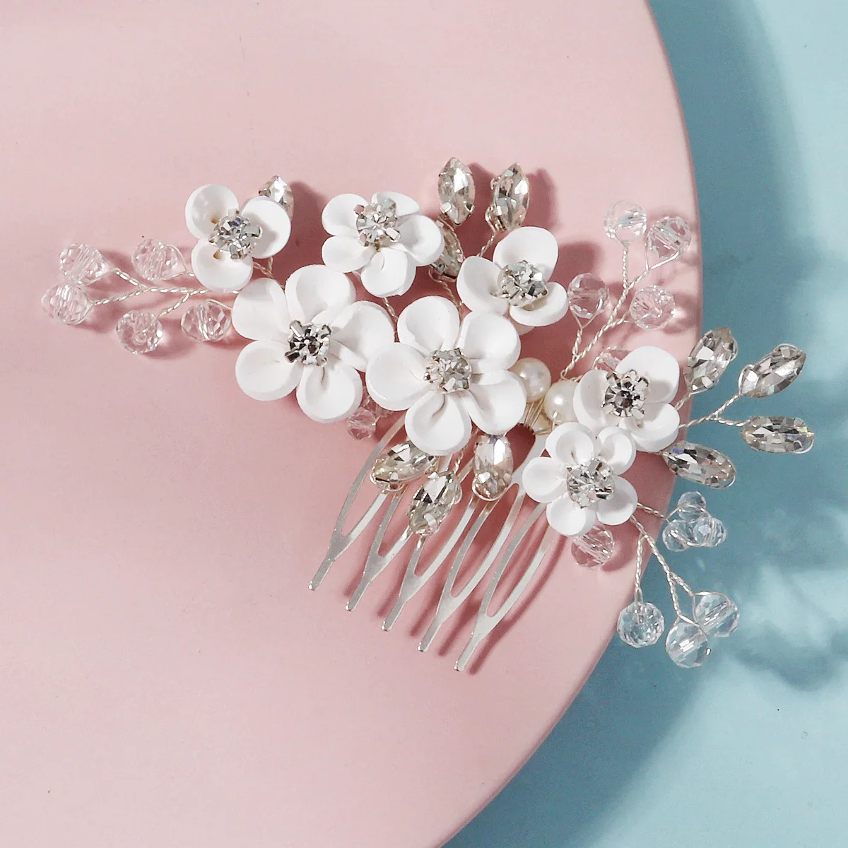 White Soft Ceramic Flower Women's Hair Comb Pearl Rhinestone Daily Hair Clip Wedding Party Bridal Jewelry Headdress