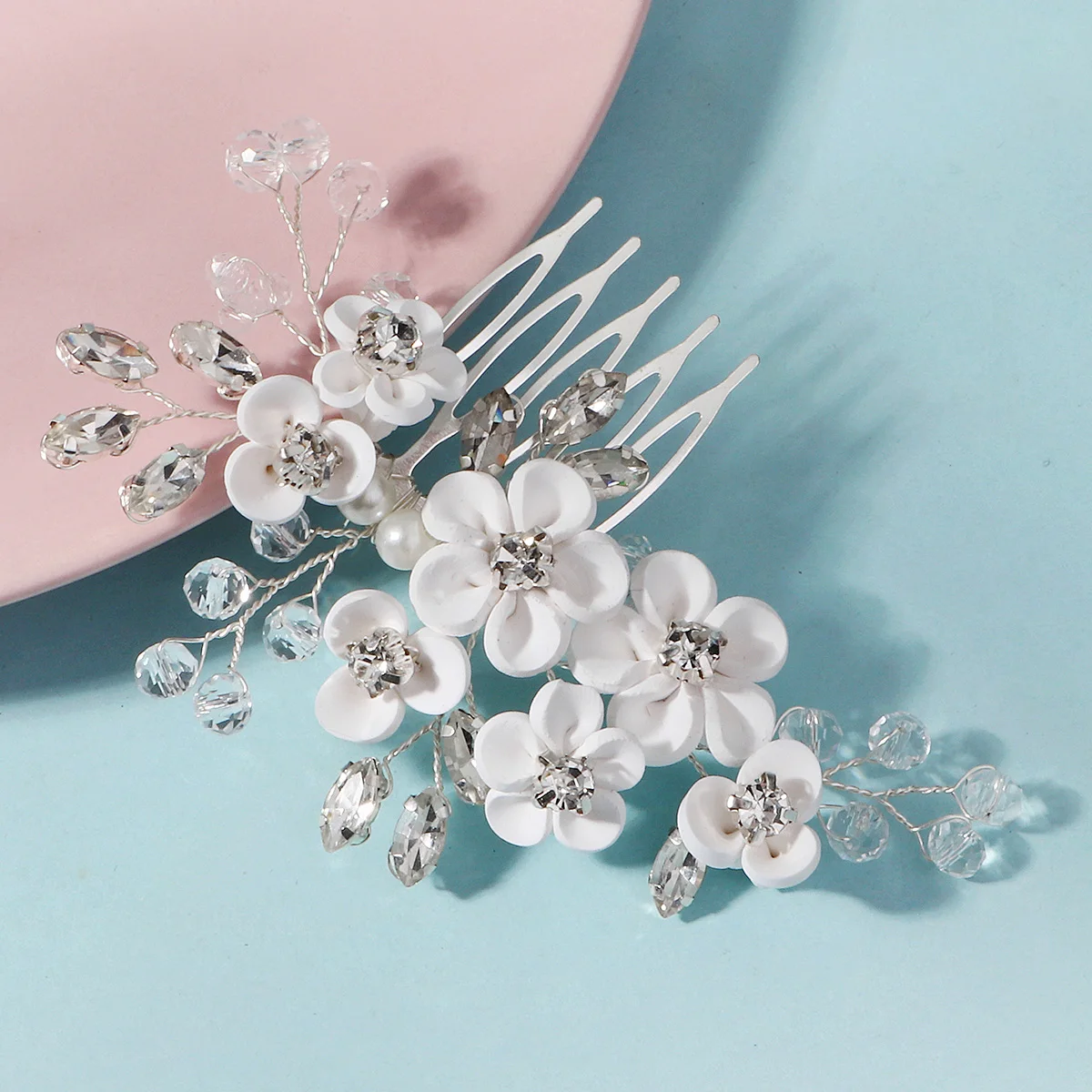 White Soft Ceramic Flower Women's Hair Comb Pearl Rhinestone Daily Hair Clip Wedding Party Bridal Jewelry Headdress