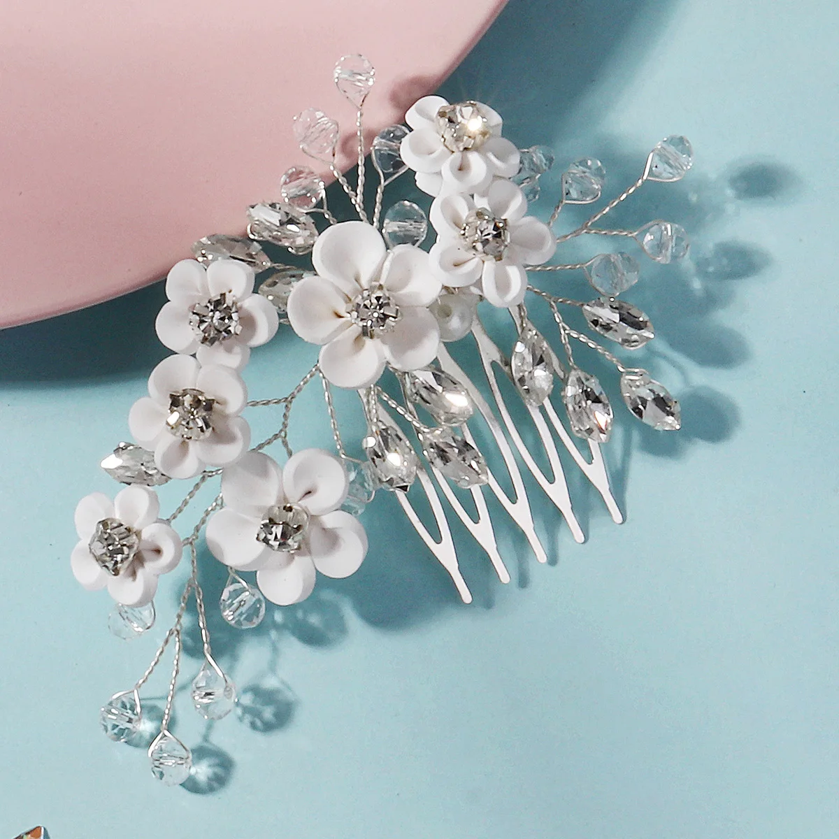 White Soft Ceramic Flower Women's Hair Comb Pearl Rhinestone Daily Hair Clip Wedding Party Bridal Jewelry Headdress