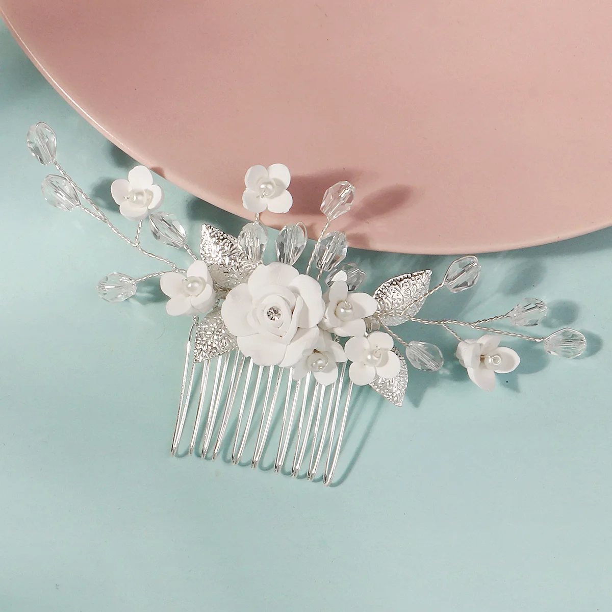 White Soft Ceramic Flower Women's Hair Comb Pearl Rhinestone Daily Hair Clip Wedding Party Bridal Jewelry Headdress