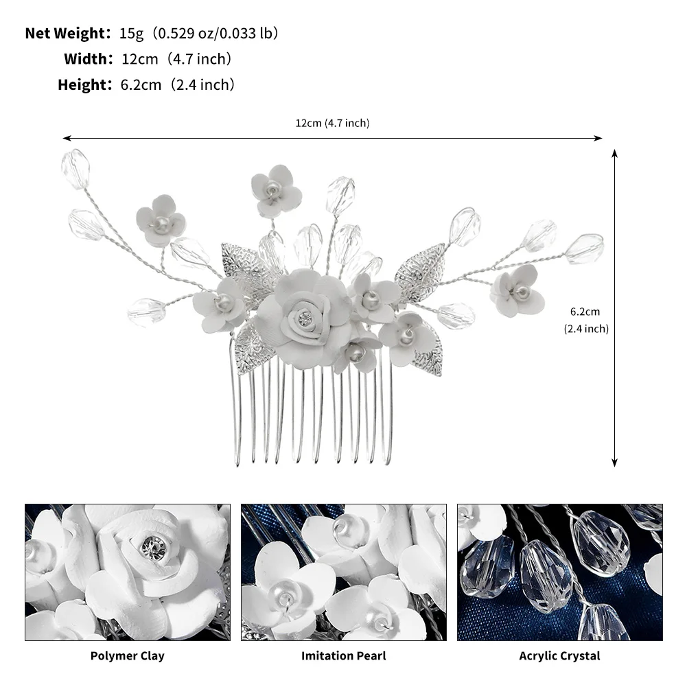 White Soft Ceramic Flower Women's Hair Comb Pearl Rhinestone Daily Hair Clip Wedding Party Bridal Jewelry Headdress