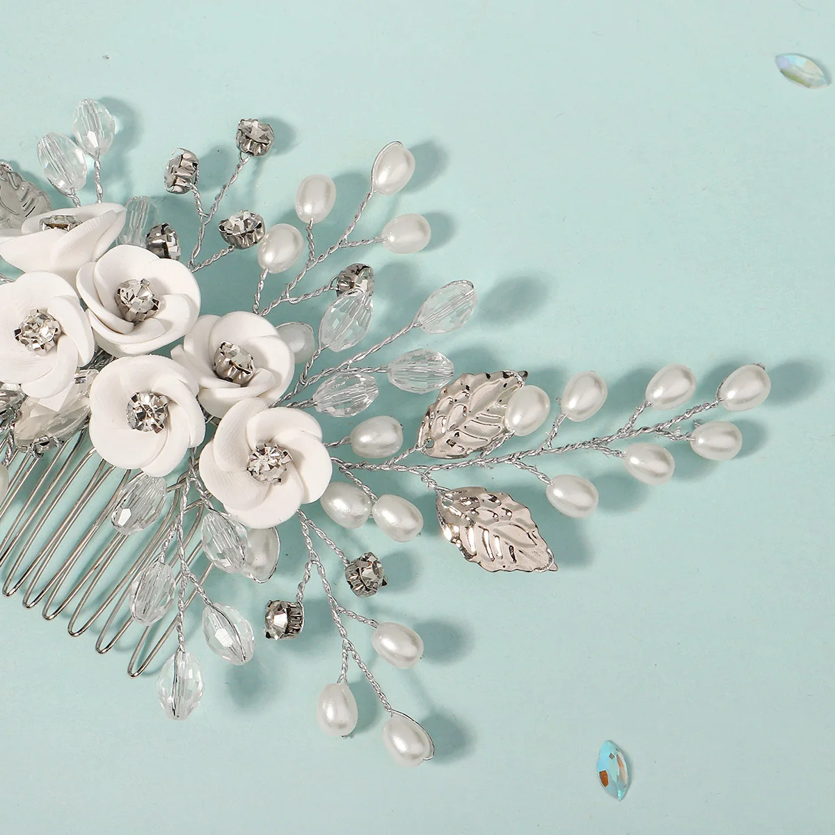 White Soft Ceramic Flower Women's Hair Comb Pearl Rhinestone Daily Hair Clip Wedding Party Bridal Jewelry Headdress