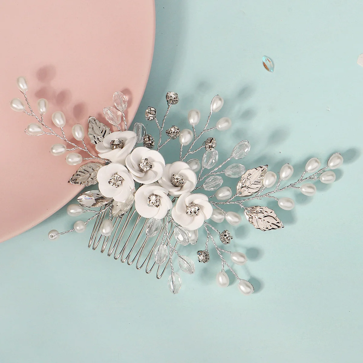 White Soft Ceramic Flower Women's Hair Comb Pearl Rhinestone Daily Hair Clip Wedding Party Bridal Jewelry Headdress