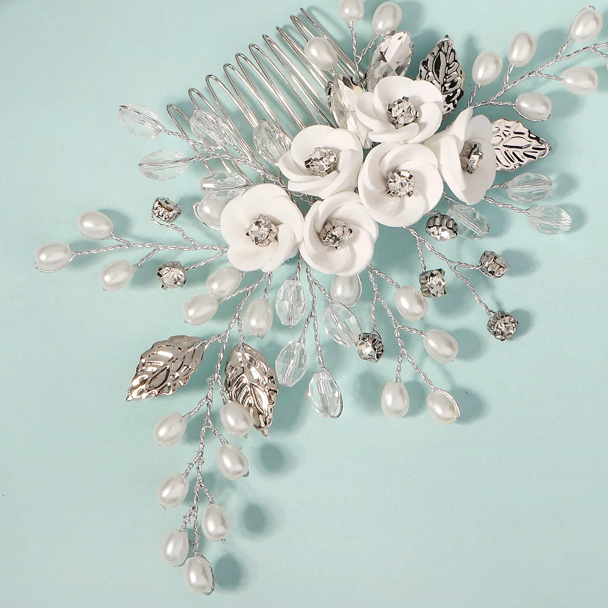 White Soft Ceramic Flower Women's Hair Comb Pearl Rhinestone Daily Hair Clip Wedding Party Bridal Jewelry Headdress