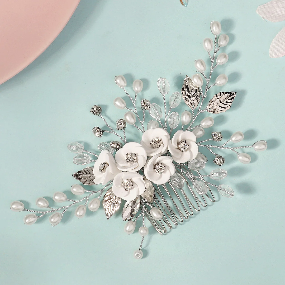 White Soft Ceramic Flower Women's Hair Comb Pearl Rhinestone Daily Hair Clip Wedding Party Bridal Jewelry Headdress