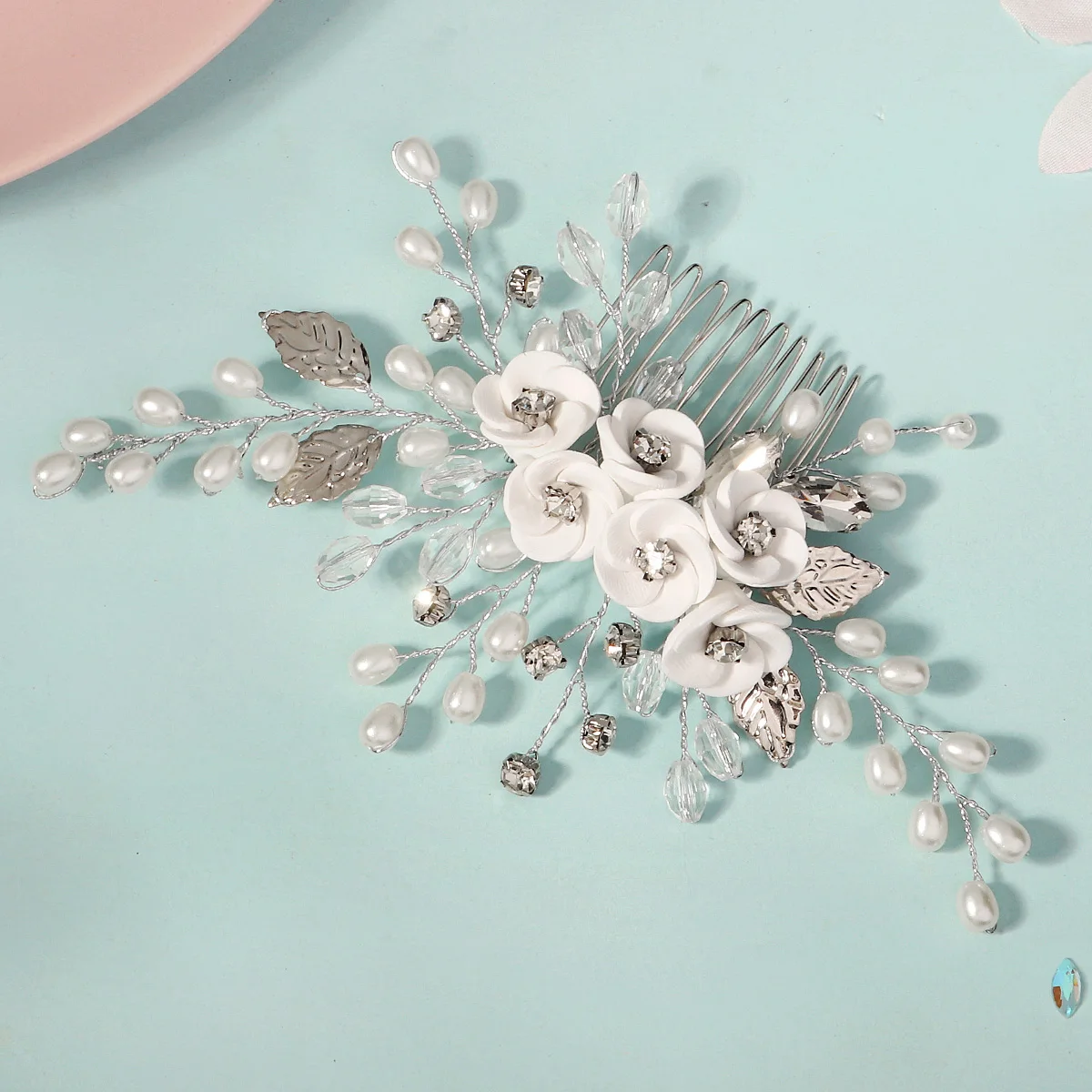 White Soft Ceramic Flower Women's Hair Comb Pearl Rhinestone Daily Hair Clip Wedding Party Bridal Jewelry Headdress