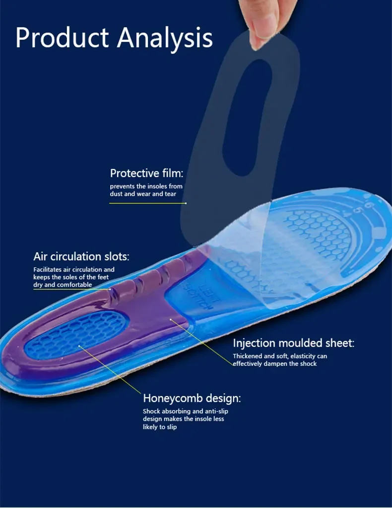 1 Pair Man Women Orthotic Arch Support Massage Insole Unisex Silicone Anti Slip Gel Soft Sport Shoe Pad Shock Absorption