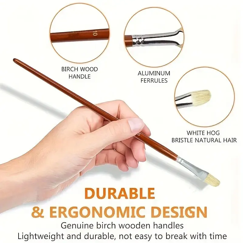 Professional Hog Bristle Filbert Oil Paint Brushes Set, 7pcs Long Wooden Handle Natural Chungking Hog for Oil Acrylic Painting