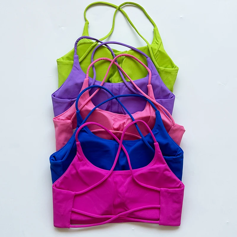 Solid Color Support Women Fitness Bra Yoga Vest Gym Sport Top Hollow Back Push With Chest Pad Four Shoulder Straps Cross-Back