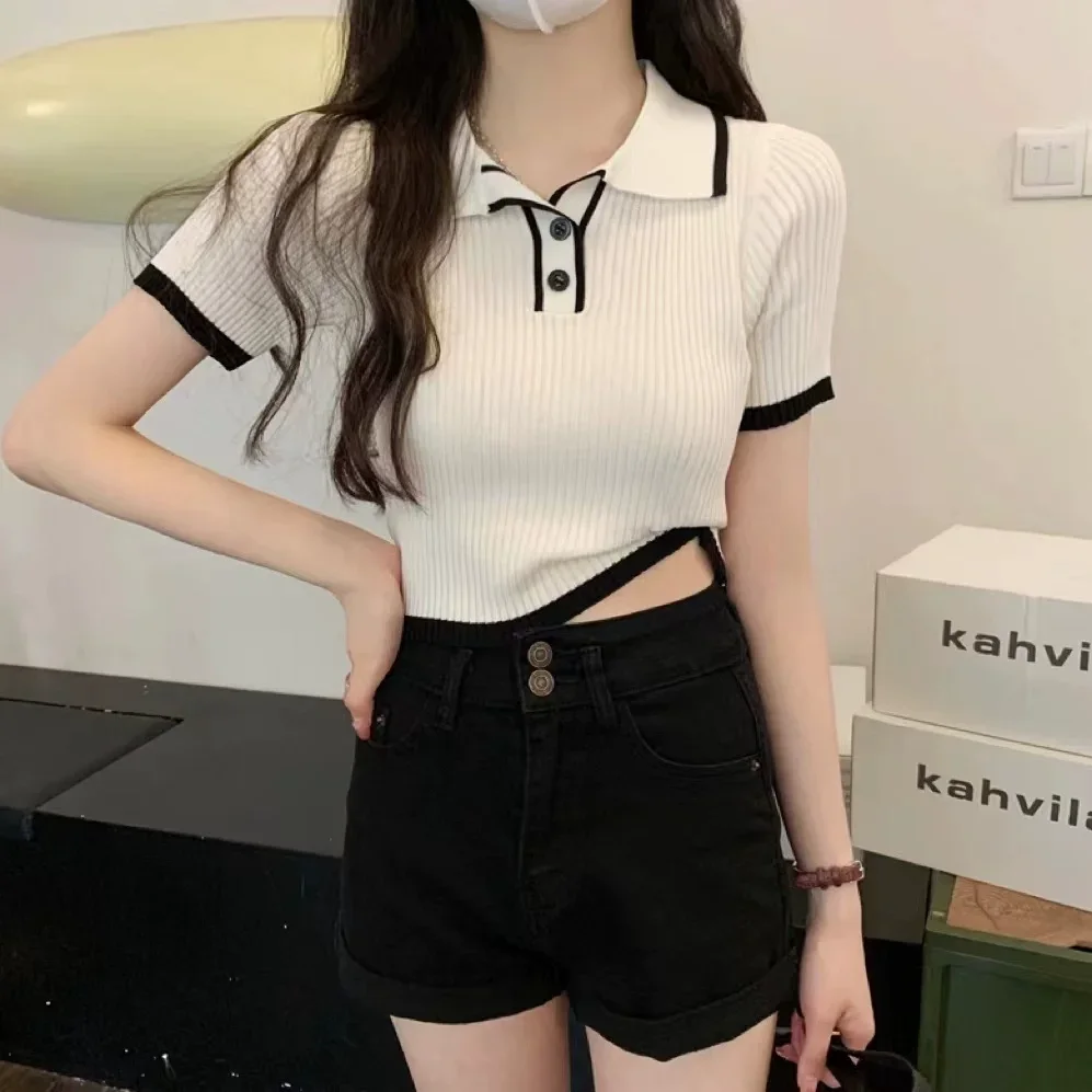 Contrast Color Polo Collar Shoulder Knitted Short Sleeves T-shirt Women's Summer Slim-Fitting Design Sense Niche Short Tops