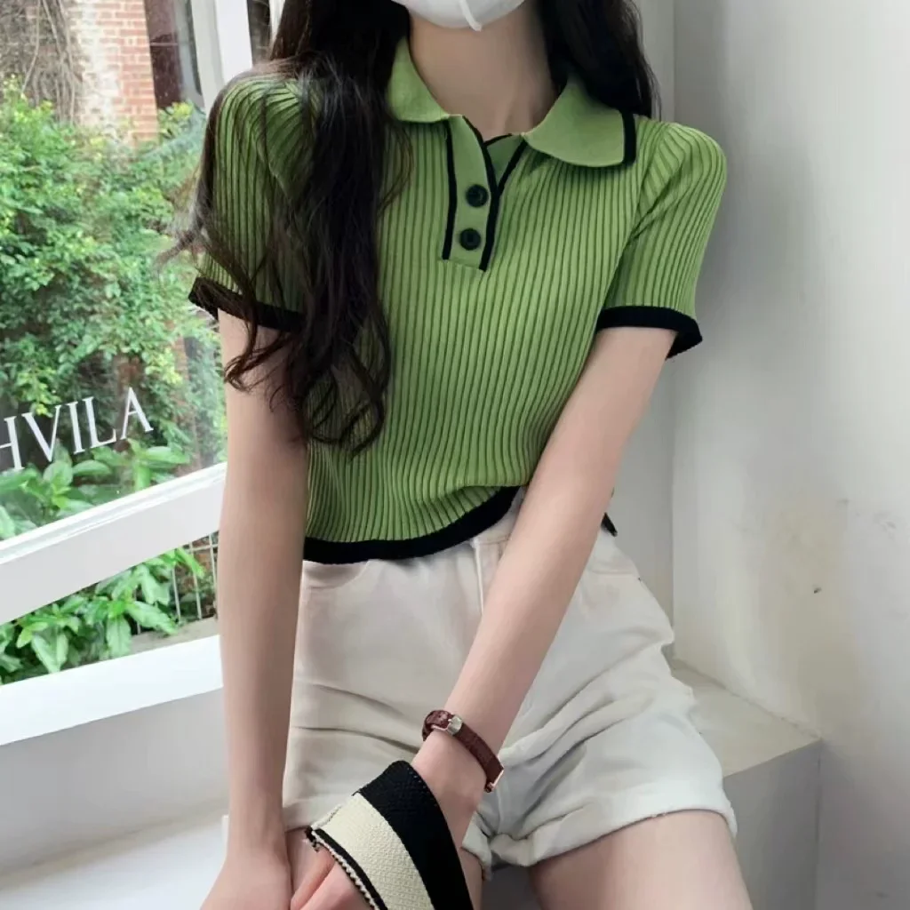 Contrast Color Polo Collar Shoulder Knitted Short Sleeves T-shirt Women's Summer Slim-Fitting Design Sense Niche Short Tops