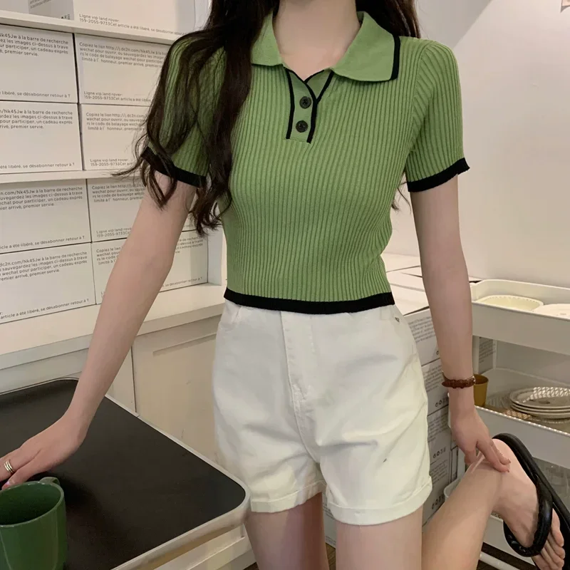 Contrast Color Polo Collar Shoulder Knitted Short Sleeves T-shirt Women's Summer Slim-Fitting Design Sense Niche Short Tops